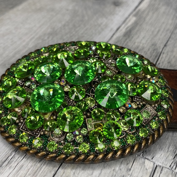 Green Rinestone Y2K Vintage Swarovski Crystal Western Leather Belt Size 36 - Picture 4 of 13